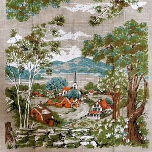 Vintage Parisian Prints Linen Kitchen Towel Scenic Village Rustic Farmhouse 70s
